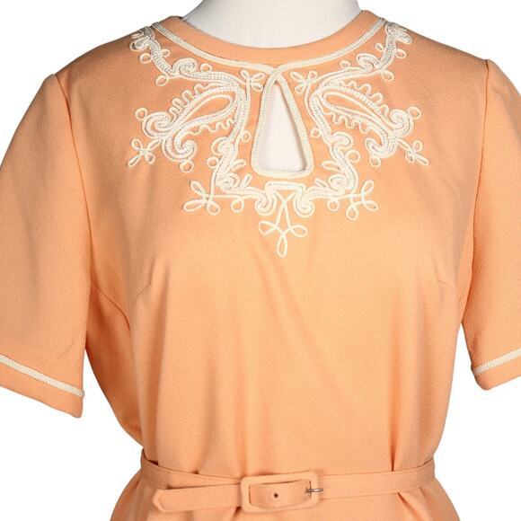 Vintage 60s Keyhole Dress Peach Knit White Cord Trim Sz L B38 W38 L22 - Hey Viv - Picture 5 of 7